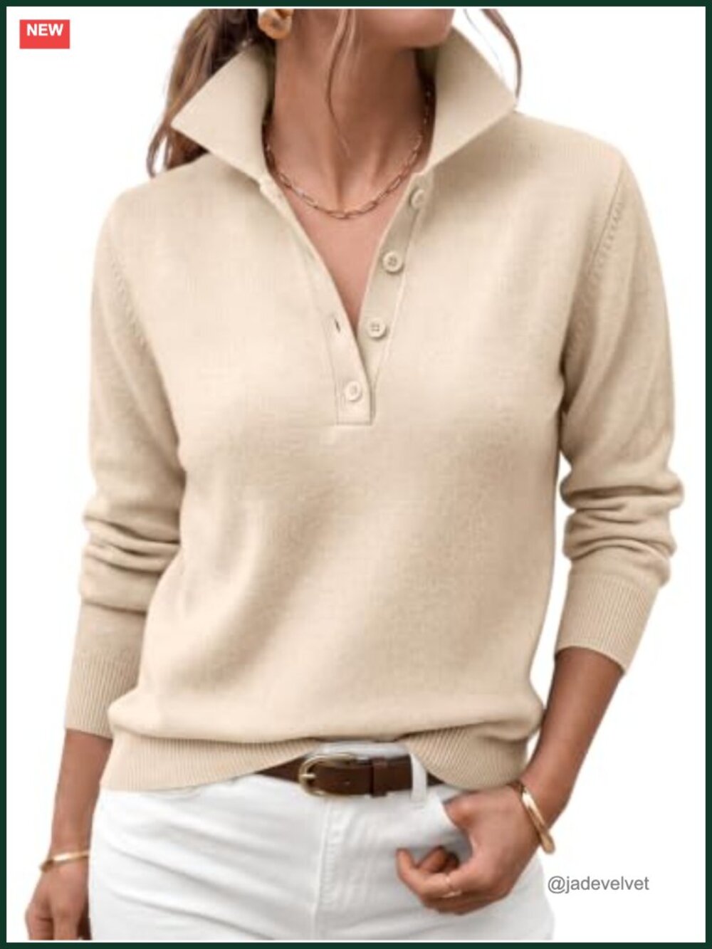 Womens Knit Pullover Sweater Long Sleeve Button Polo Collared V-Neck